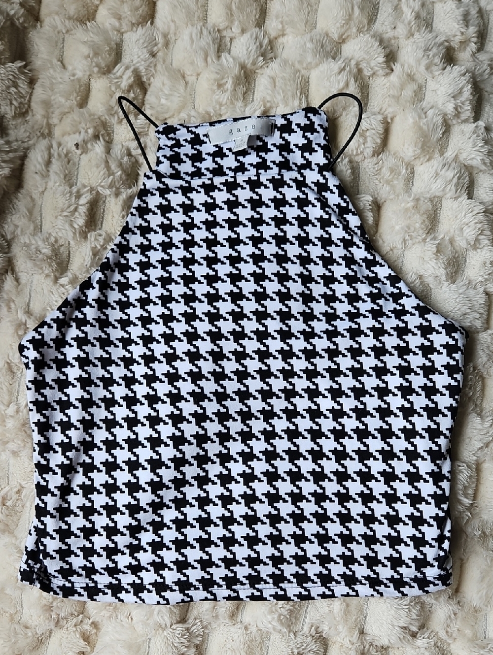 Gaze Black & White Houndstooth Halter Crop Top